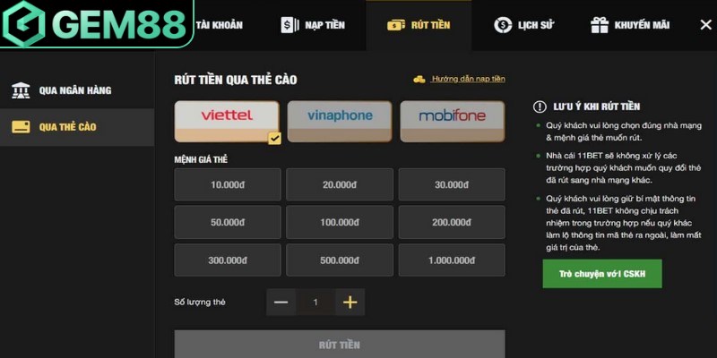 Rút tiền Gem88 - Hướng dẫn chi tiết và điều cần biết Giao dịch bằng thẻ cào tiện lợi không gặp trở ngại