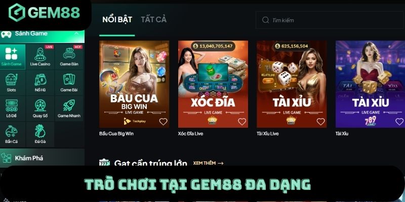 Trò chơi tại Gem88 đa dạng